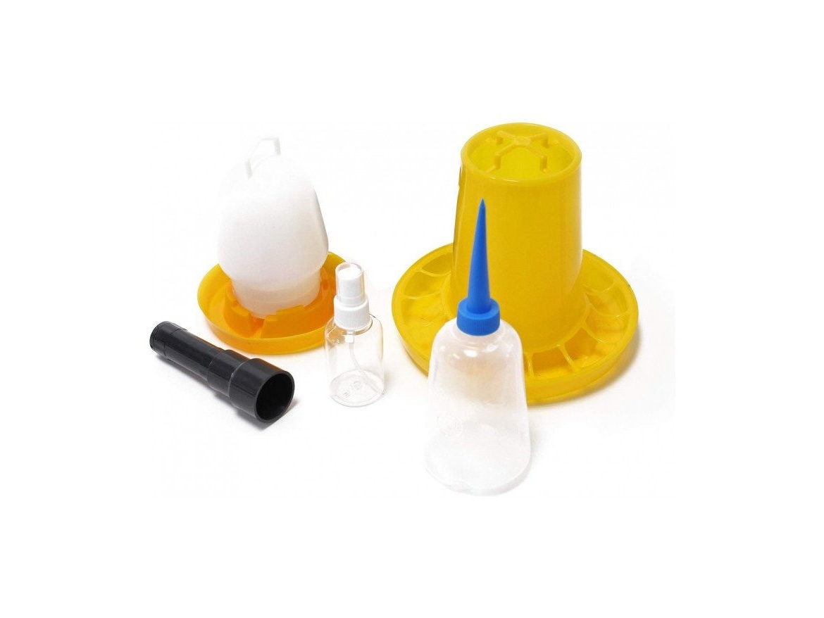 Scobax Základní sada pro líhnutí - SET - krmítko, napáječka, postřikovač vajec, flaštička a prosvětlovačka vajec