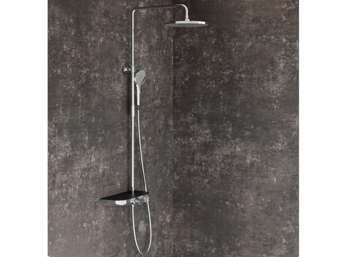 Ravak TE 094.02CR/BL Sprchový stĺp s termostatickou batériou, posuvný, s funkciou Stop, s poličkou, so sprchovým setom, chróm/čierna