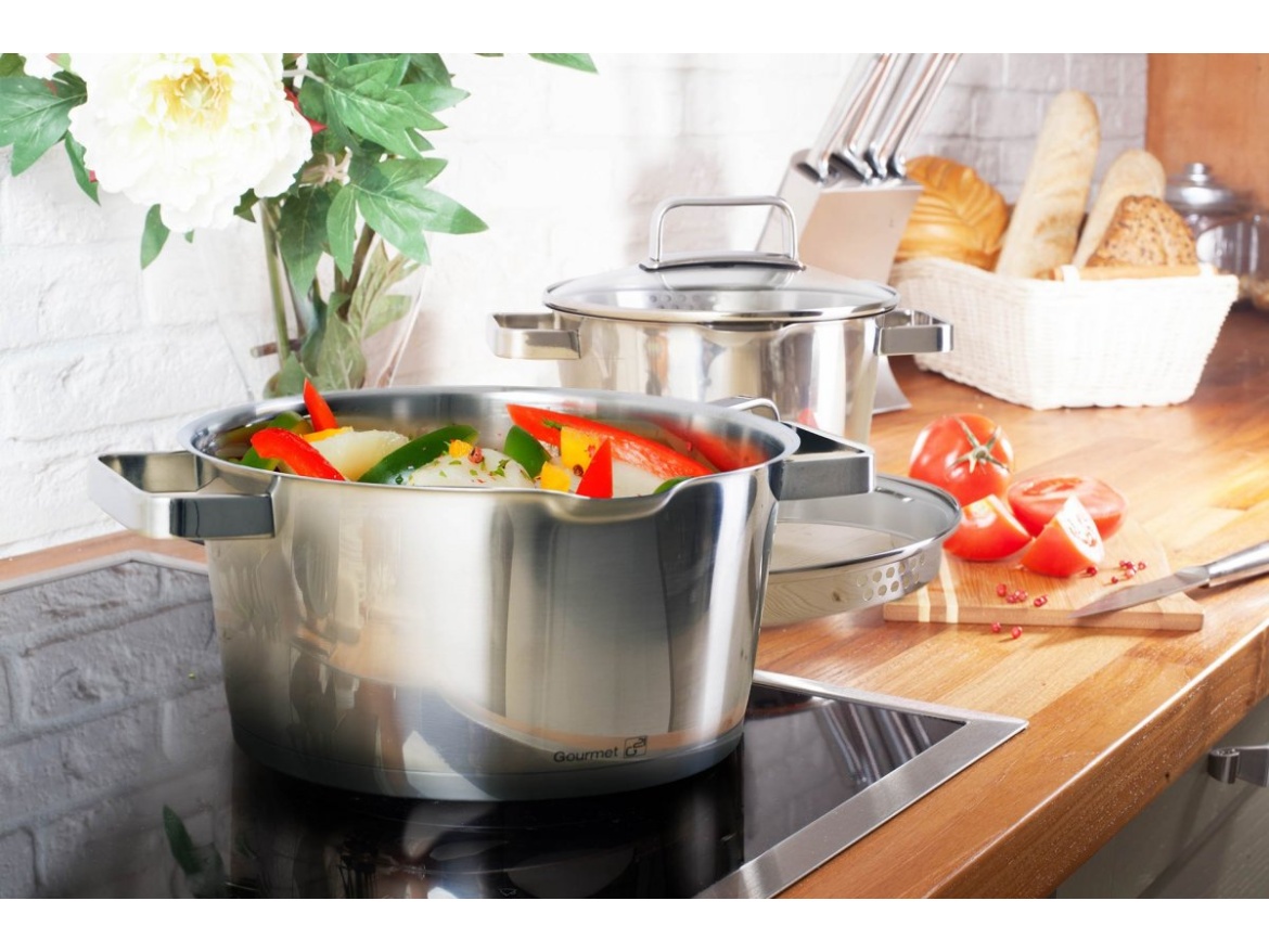 G21 Hrnec  Gourmet Magic s cedníkem 28 cm s poklicí nerez
