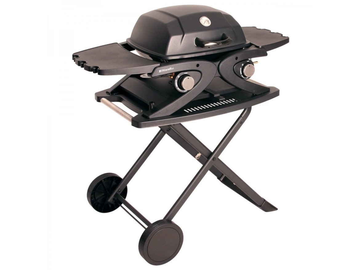 Přenosný plynový gril 4,2 kW se dvěma hořáky a pojízdným skládacím stolkem Riwall PRO RGG 20 Compact SET