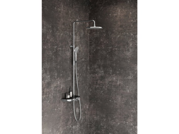 Ravak TE 094.02CR/BL Sprchový sloup s termostatickou baterií, posuvný, s funkcí Stop, s poličkou, se sprchovým setem, chrom/černá