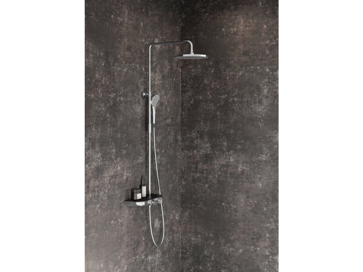 Ravak TE 094.02CR/BL Sprchový stĺp s termostatickou batériou, posuvný, s funkciou Stop, s poličkou, so sprchovým setom, chróm/čierna