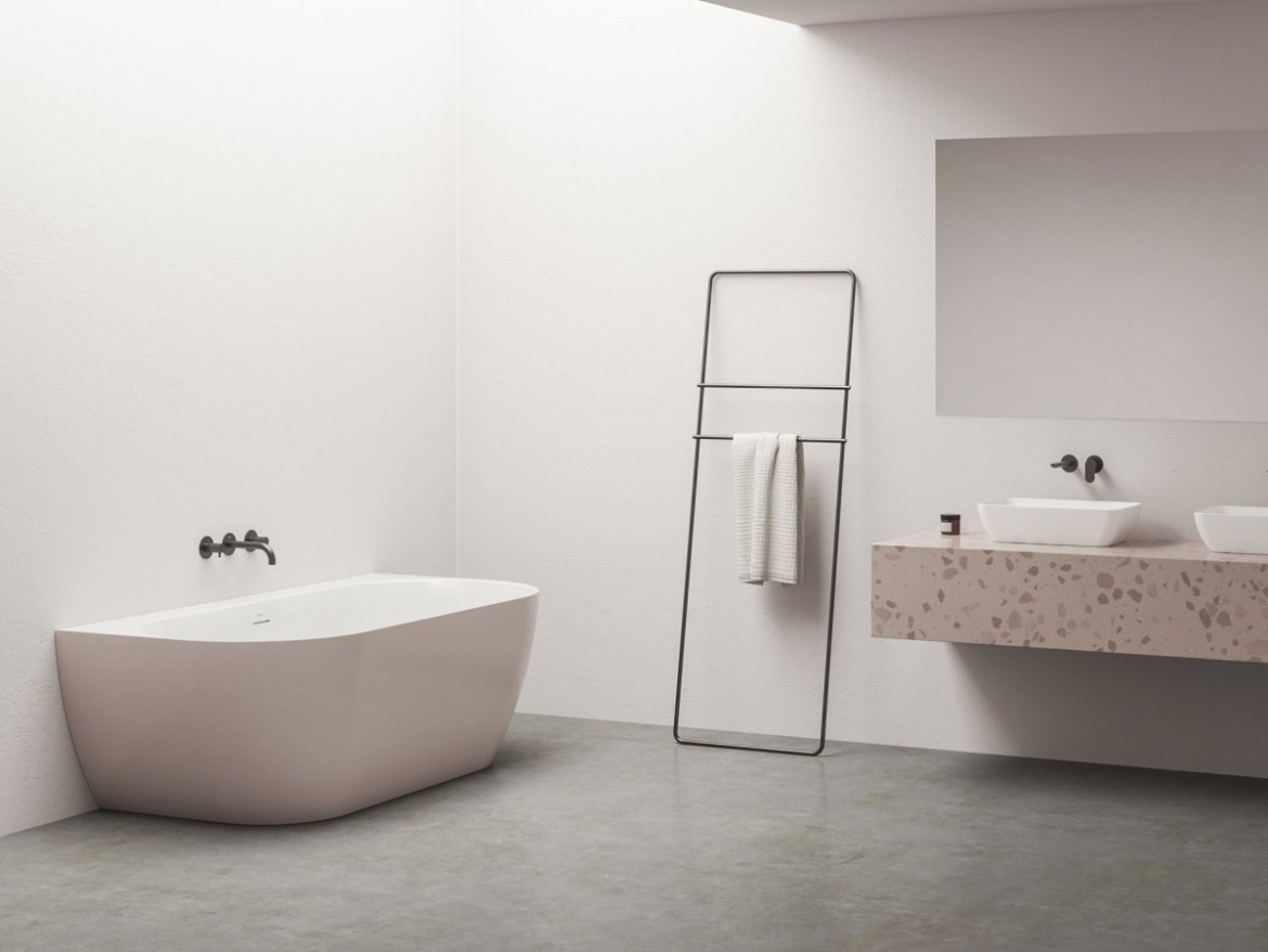 Ravak Vana Freedom Wall Tec 170x87, volně stojící, Smoke Grey/bílá, krytka odtoku bílá/černá/chrom