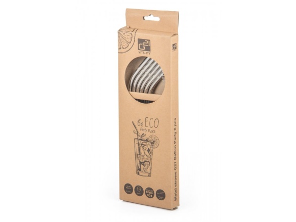 G21 Kovová brčka  BeEco Party 6 ks stříbrná, zahnutá + kartáček na čištění