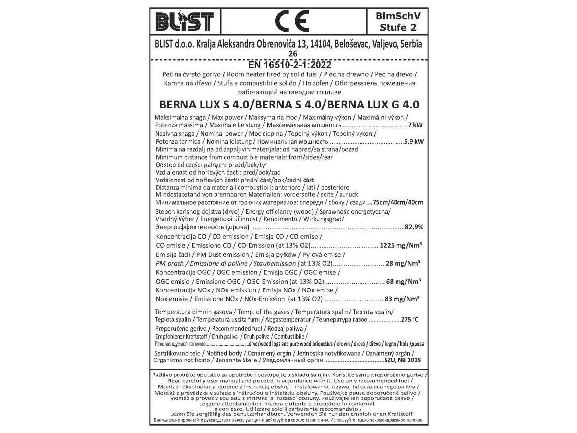 Blist Krbová kamna Blist BERNA LUX S - 7kW