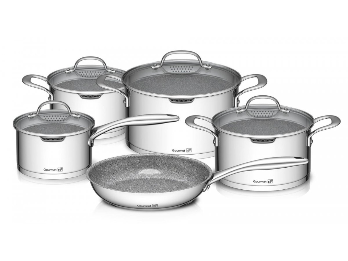 G21 Sada nádobí  Gourmet Miracle s cedníkem, 9 dílů, nerez/greblon
