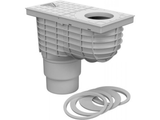 Spodná – Kanalizační vpusť (gajgr) spodní šedá DN 110/125 + redukční kroužky (KV 110/125) 325 Cs
