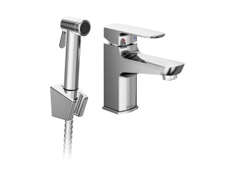 Vodovodné batérie – Ravak BM 011.01CR Umyvadlová stojánková baterie 144 mm s bidetovou sprškou a držákem na zeď, bez výpusti, chrom