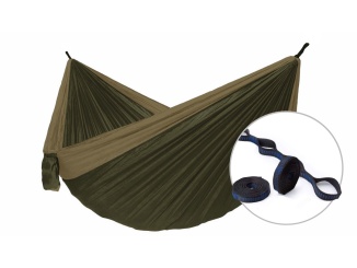 Vybavení k bazénu – Hamaka Houpací síť pro dva Camping + Slap strap (hnědý SET)